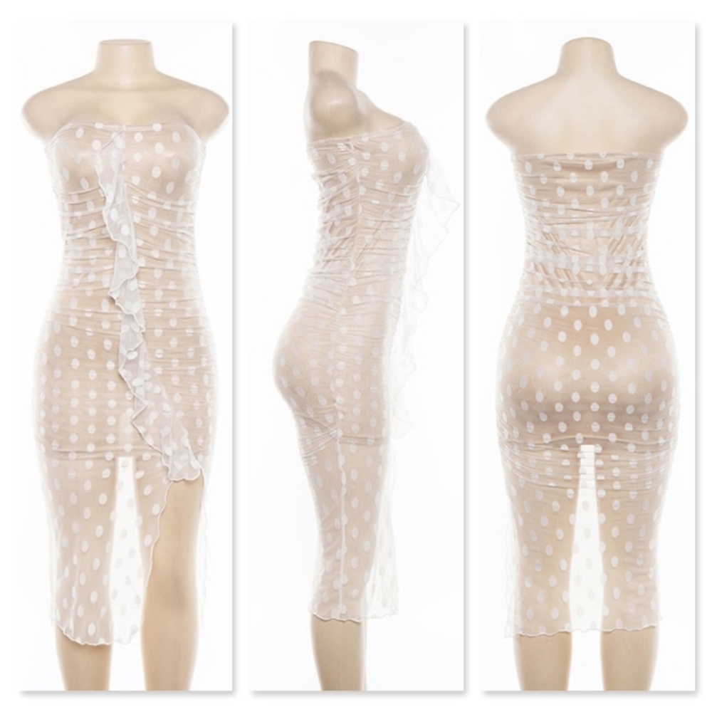 Polka Dot Mesh Ruffle Strapless High Slit Dress - Picture 5 of 6